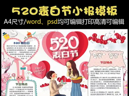 520表白节爱情粉色浪漫小报手抄报word图片素材psd分层格式下载网络安全手抄报大全