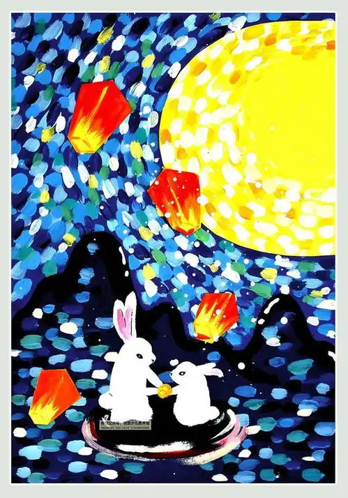 儿童画教程传统节日水粉点彩趣味水粉画中秋明月