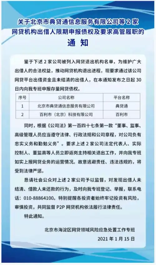 北京2家网贷平台被列入退出名单