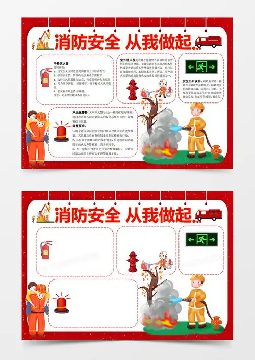 红色简约消防安全从我做起认识消防器材卡通消防知识宣传手抄报小报线稿模版word模板下载熊猫办公